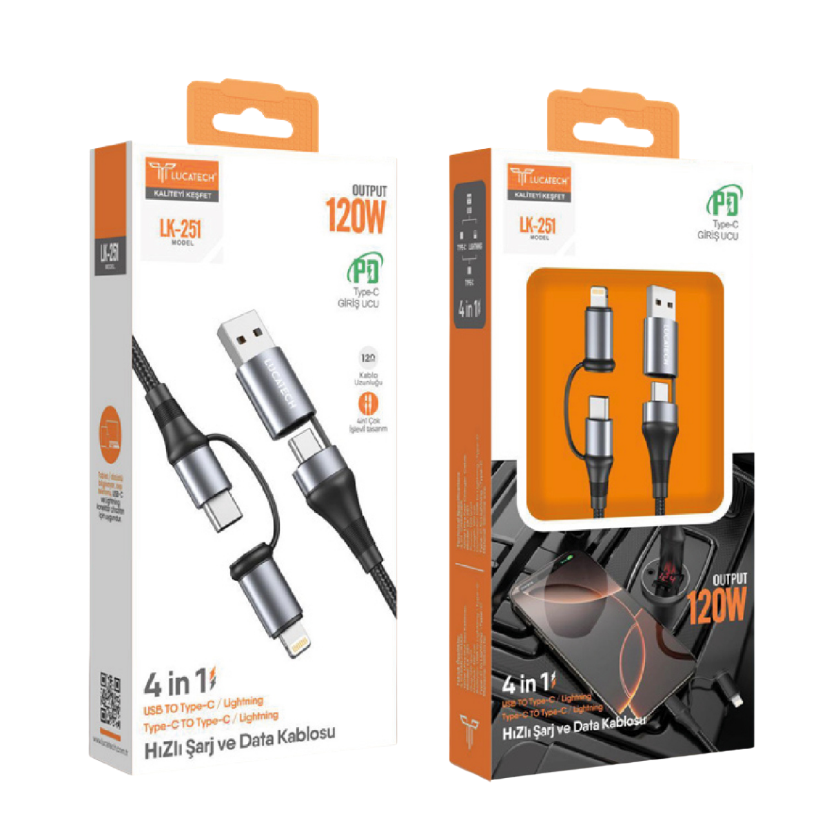 Lucatech LK-251 4in1 Hızlı Şarj ve Data Kablosu (120W Çıkış, PD) I Toptan Satış