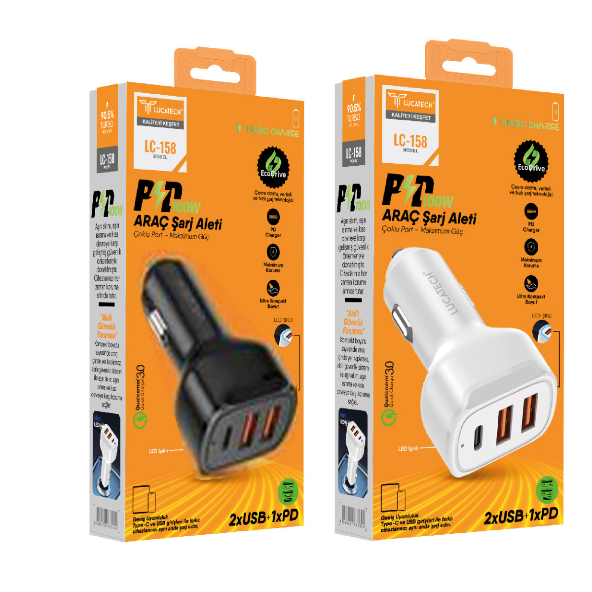 Lucatech LC-158 100W Turbo Araç Şarj Cihazı 2xUSB + 1xPD Hızlı Şarj – Toptan Satış