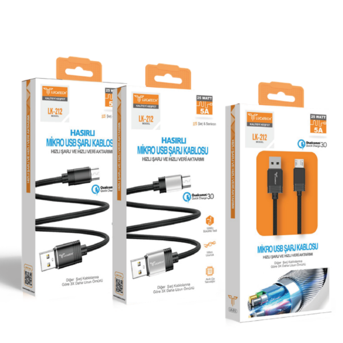 Lucatech LK-212 Hasır Örgülü Micro Şarj Kablosu (25W, 5A) I Toptan Satış